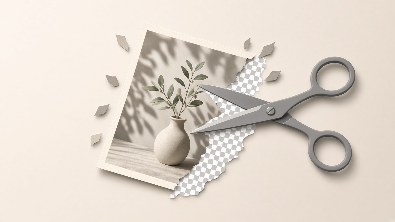 Editorial illustration of a pair of scissors cutting a photograph's background away from its subject, the removed background dissolving into a checkerboard transparency pattern, clean flat design, sof