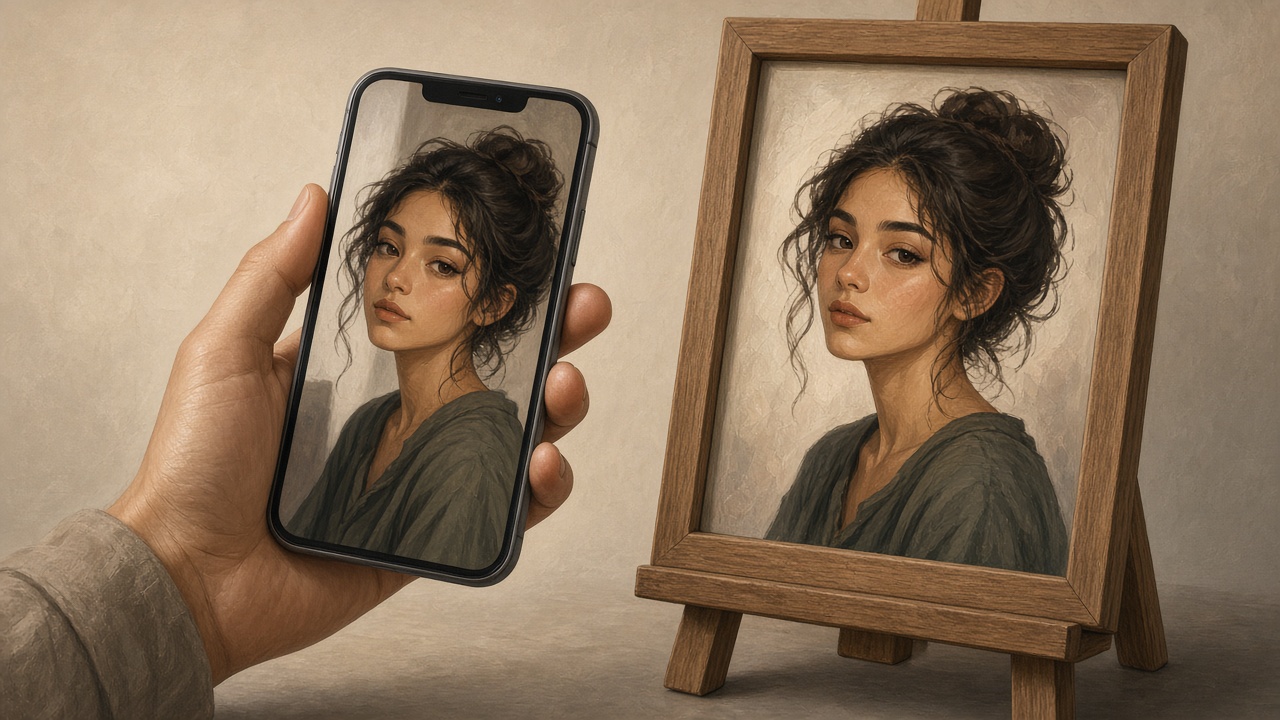 An editorial illustration of a hand holding a phone with a casual selfie on screen, next to a framed studio-style portrait on an easel, warm neutral studio lighting, no text, no logos, no real faces.