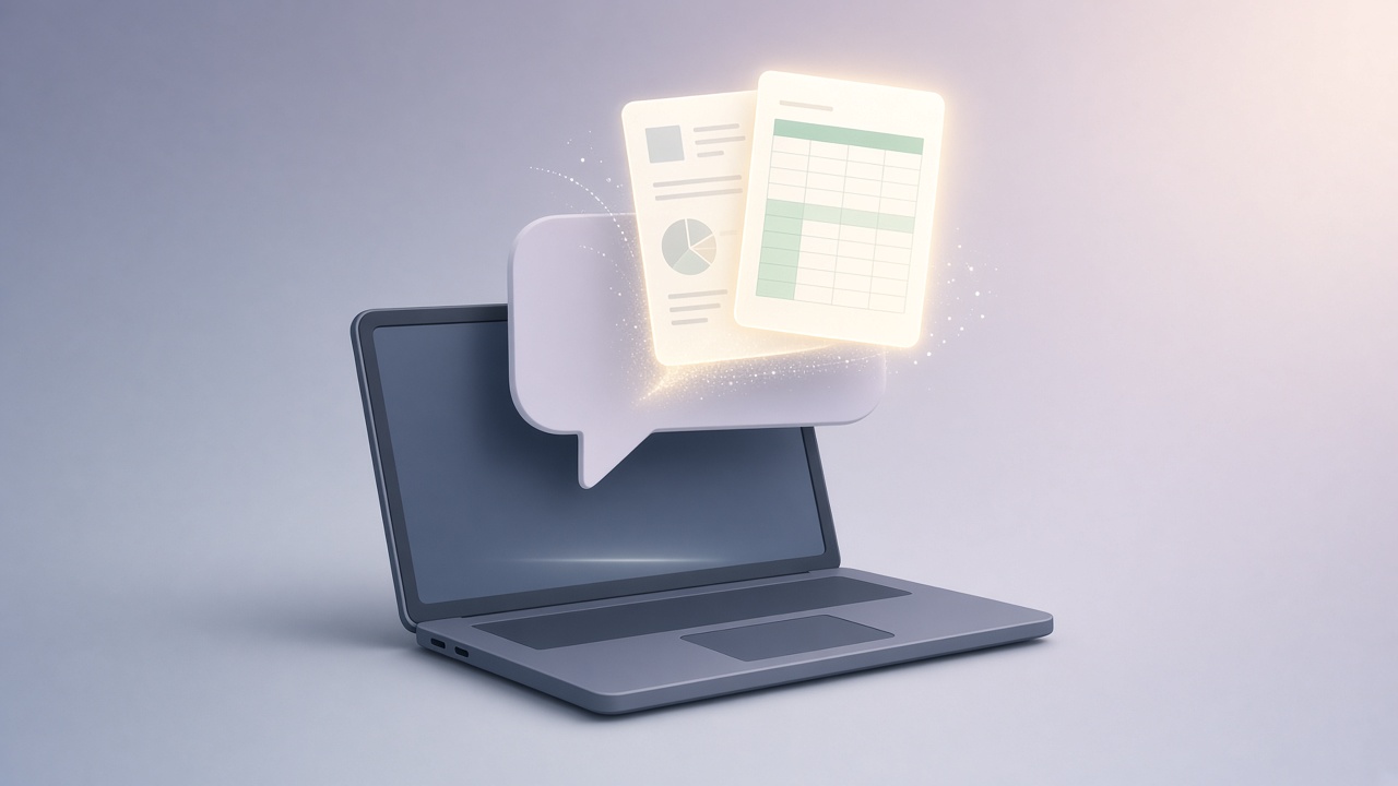 Editorial illustration of a glowing document materializing out of a chat speech bubble above a laptop, pages showing a spreadsheet grid and an invoice layout, clean flat style, no text, no logos, no f