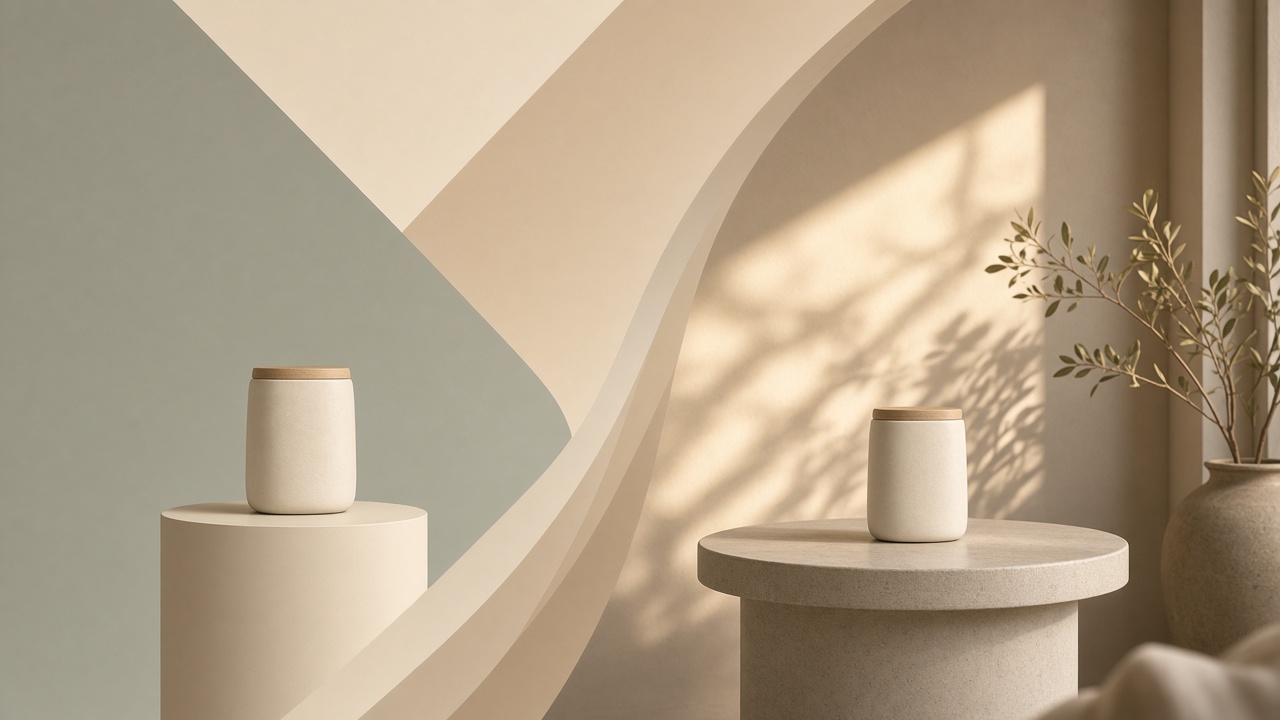 Editorial illustration of a small product on a plain pedestal transforming into a warmly lit lifestyle scene, half the frame flat and graphic, half photorealistic, soft studio light, no text, no logos