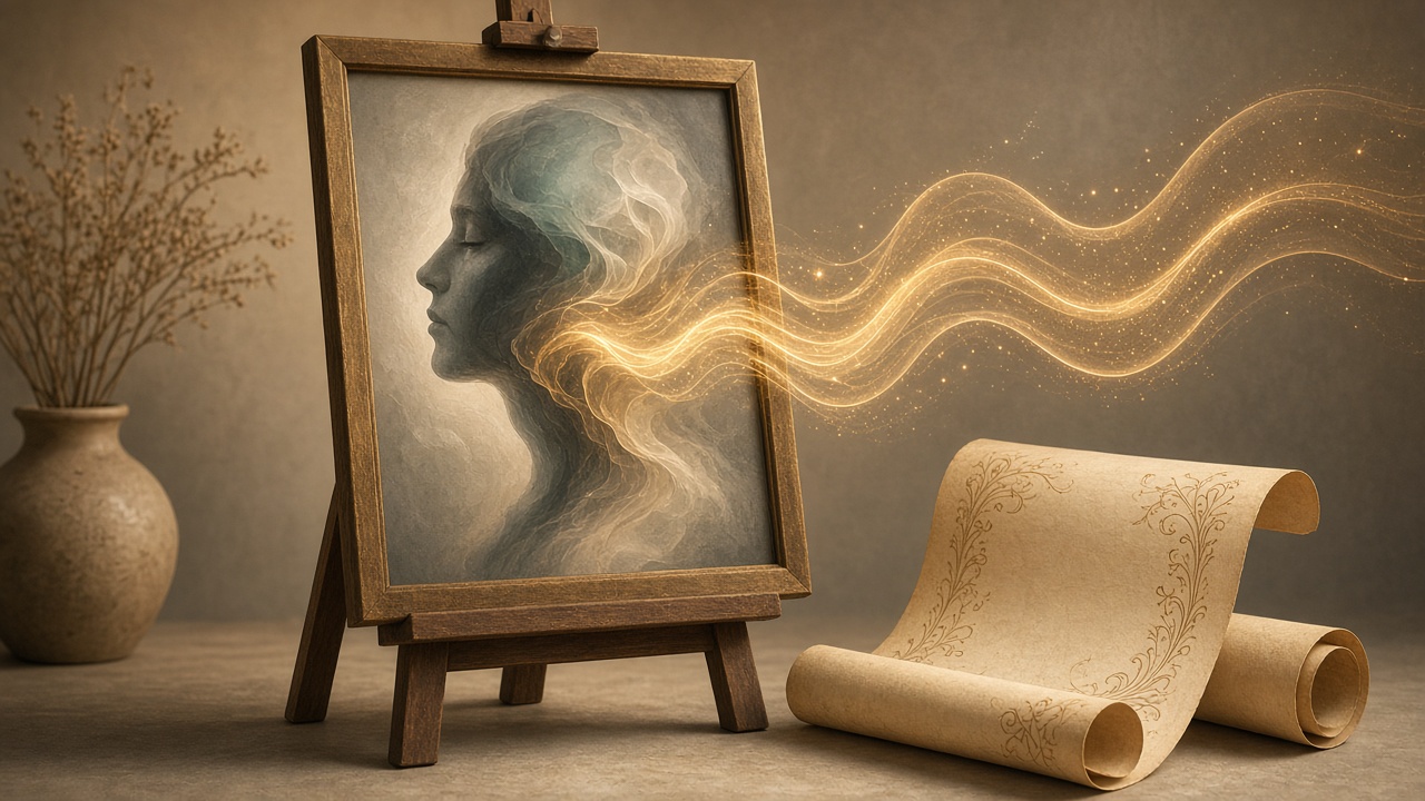 Editorial illustration of a single portrait photograph on an easel coming to life with glowing sound waves and a script scroll beside it, warm studio lighting, no text, no logos, no real faces