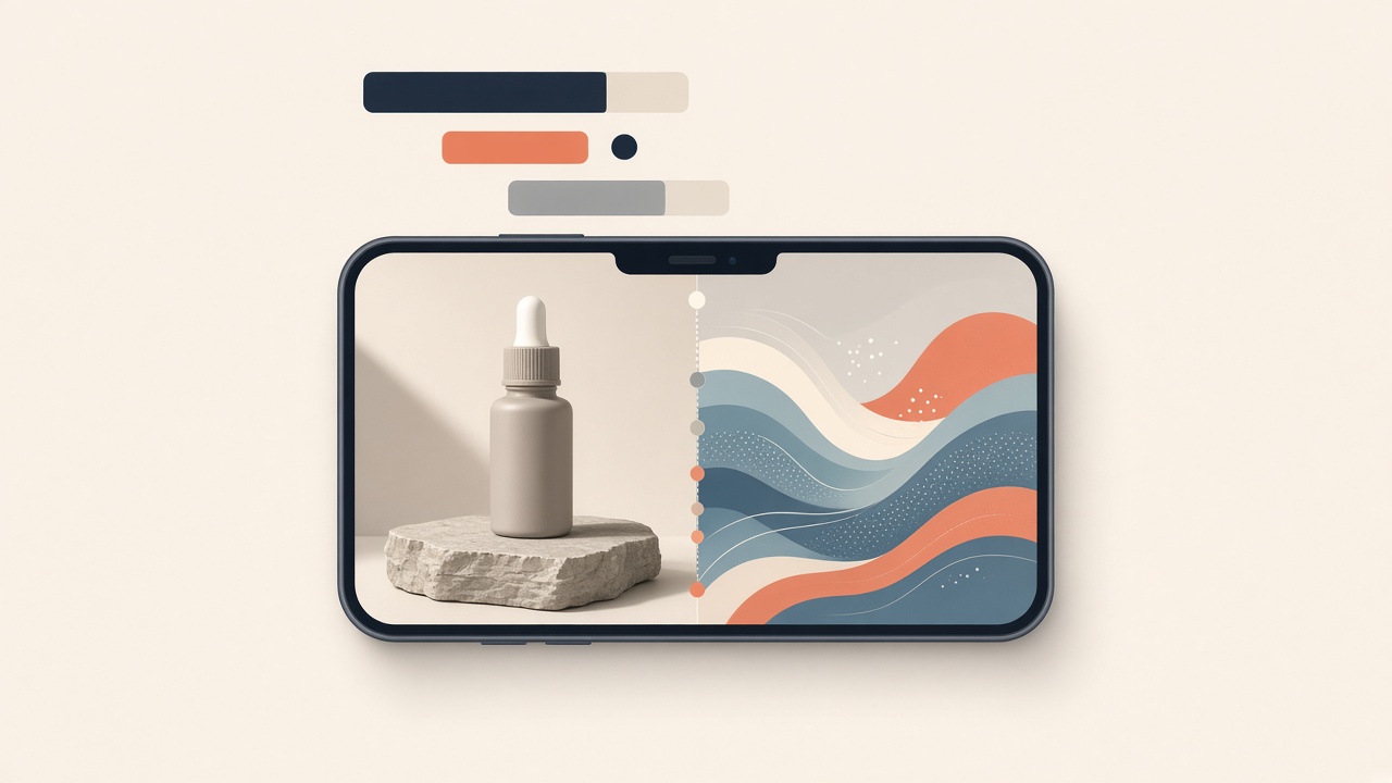 An editorial illustration of a smartphone screen showing a vertical video timeline morphing from a still product photo into a moving scene, bold abstract caption bars floating above it, clean flat col