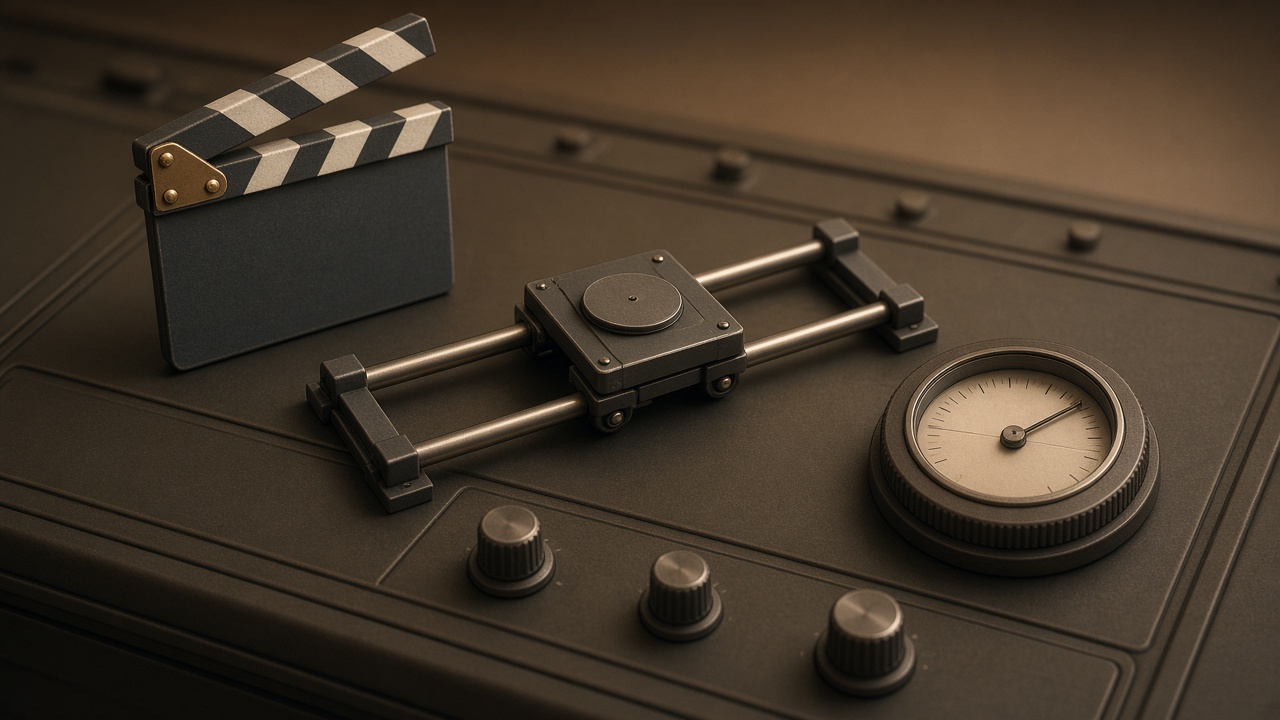 An editorial illustration of a film clapperboard, camera dolly track and light meter arranged like control knobs on a mixing desk, warm studio lighting, no text, no logos, no people.