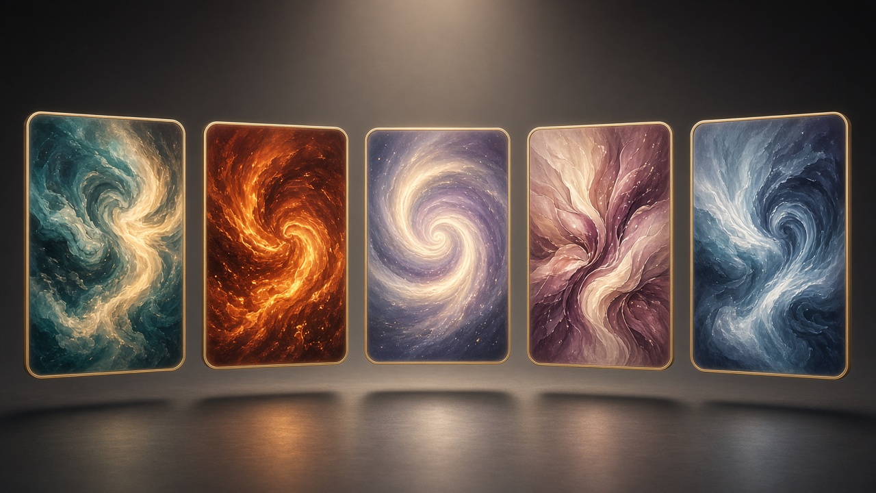 A wide editorial illustration of five glowing rectangular canvases floating like gallery frames, each filled with a different abstract swirl of color and light representing a different image style, ar