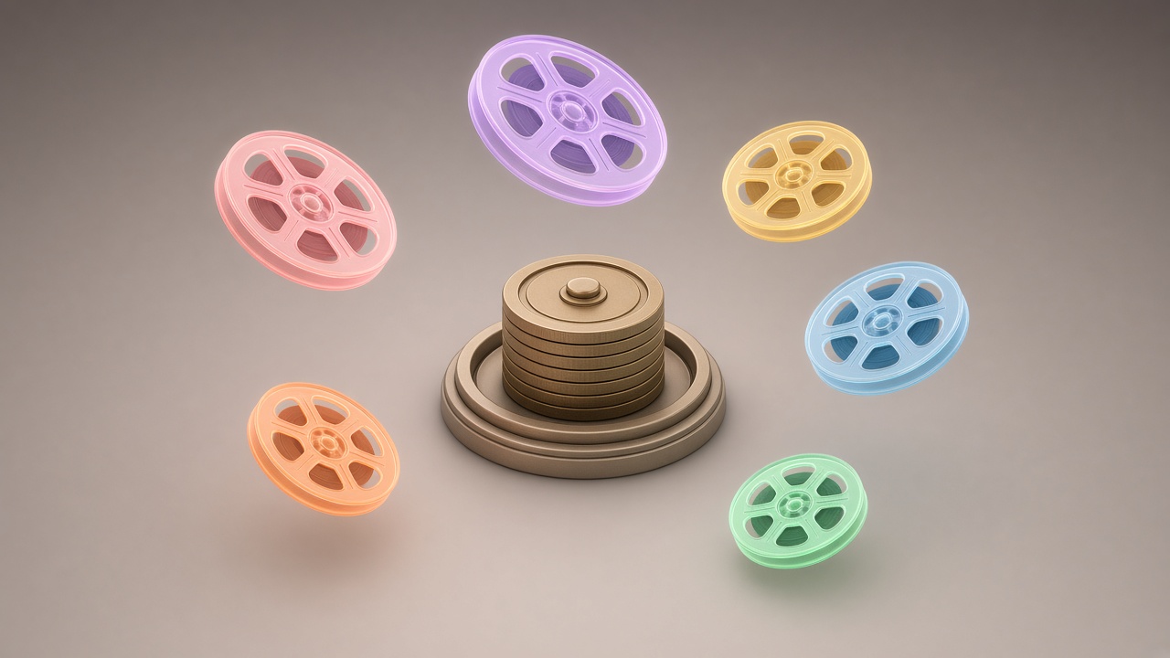 An editorial illustration of six glowing film-reel icons of different colors and sizes orbiting a single dial made of coins, symbolizing many video models sharing one credit balance.