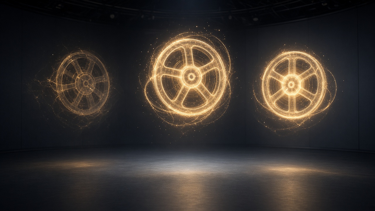 An editorial illustration of three glowing film reels made of light, one dimming out while two others burn bright, floating above a dark cinematic soundstage, no text, no logos, no faces
