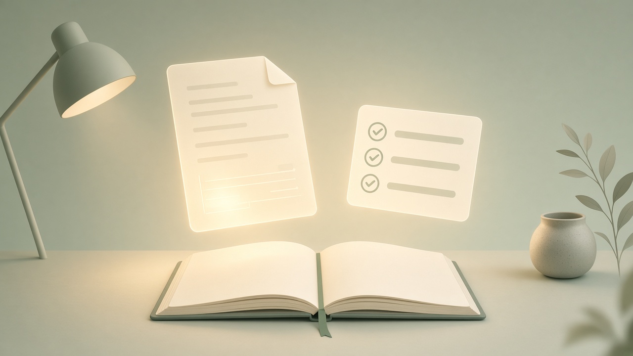 An editorial illustration of a glowing document and a checklist floating above an open notebook, with a soft research-lamp light, in a clean modern flat style, no text, no logos, no faces