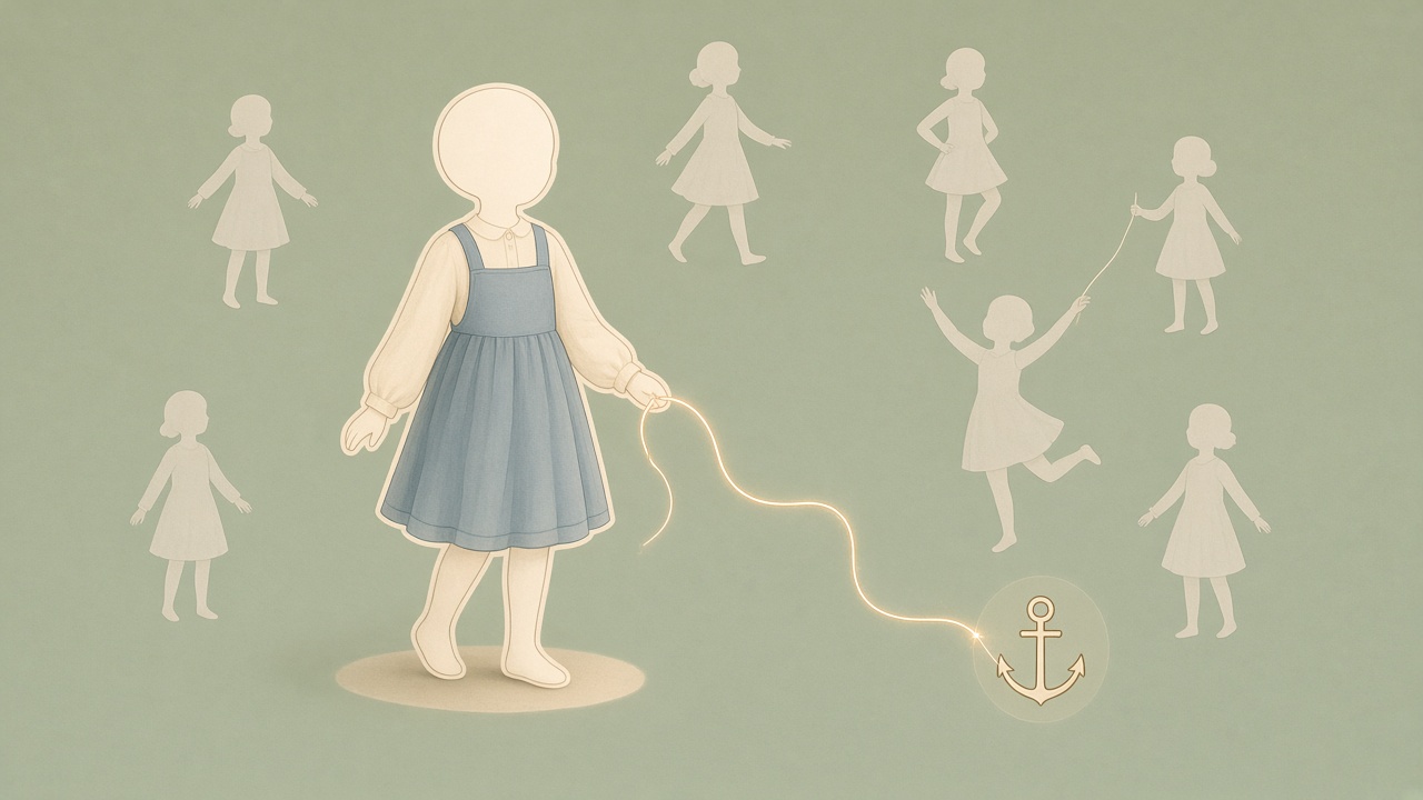 A flat editorial illustration of a single stylized paper-doll character surrounded by faint duplicate outlines in different poses, all linked by a thin glowing thread to one anchor sketch, clean muted
