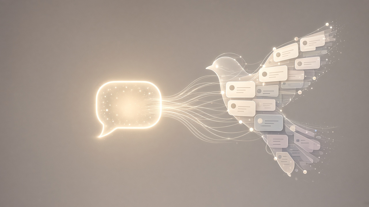 Editorial illustration of a glowing chat bubble connected by light threads to a stylized bird-shaped network of posts, representing live social search inside an AI conversation, no text, no logos, no 