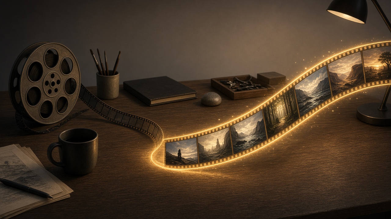 An editorial illustration of a director's storyboard desk with a film reel unspooling into a glowing string of picture panels, warm cinematic lighting, no text, no logos, no real faces