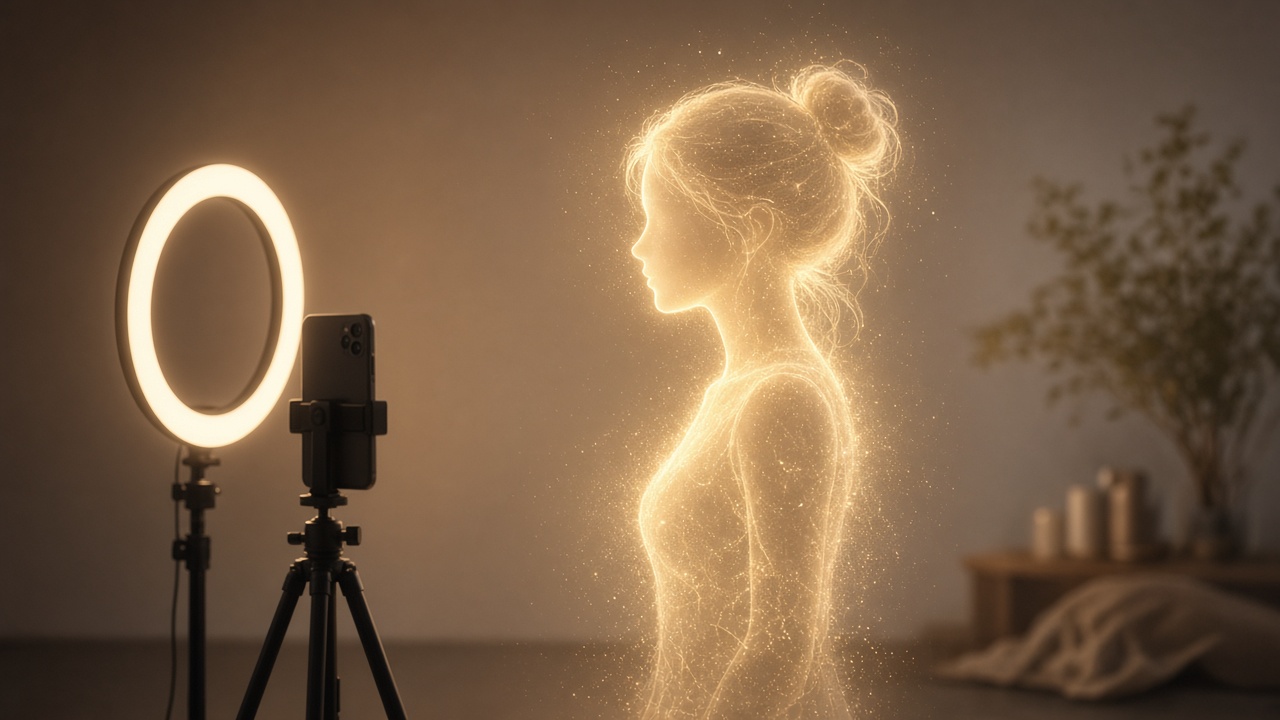 An editorial illustration of a glowing digital silhouette of a young woman made of soft light particles, standing in front of a ring light and a phone on a tripod, warm studio tones, no text, no logos