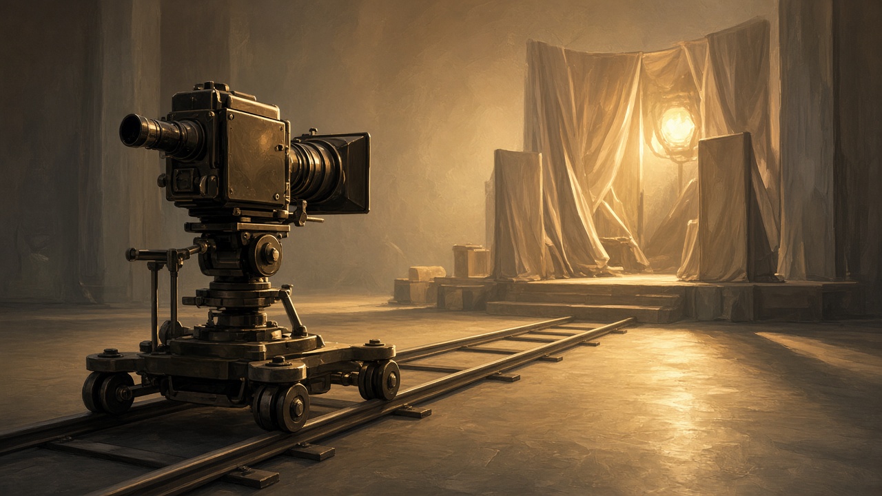 An editorial illustration of a film camera on a dolly track gliding toward a softly lit stage set with warm golden light and long shadows, no text, no logos, no faces.
