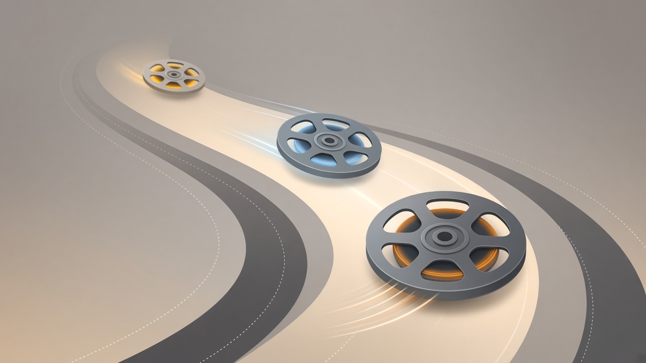 An editorial illustration of three film reels of different sizes and speeds racing along a glowing track, representing tiers of an AI video model family, in a clean modern flat-design style with no te