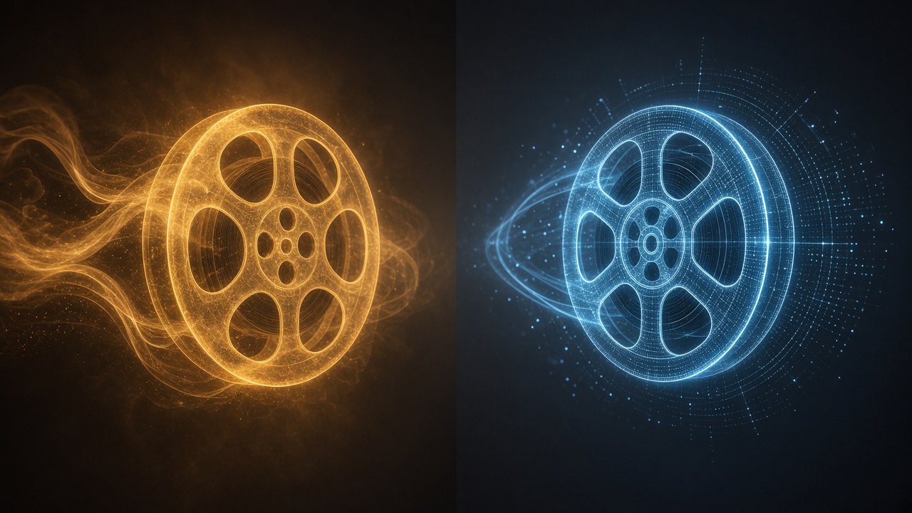Editorial split-screen illustration of two abstract film reels made of light, one warm and cinematic, one crisp and digital, facing off against a dark studio background, no text, no logos, no faces