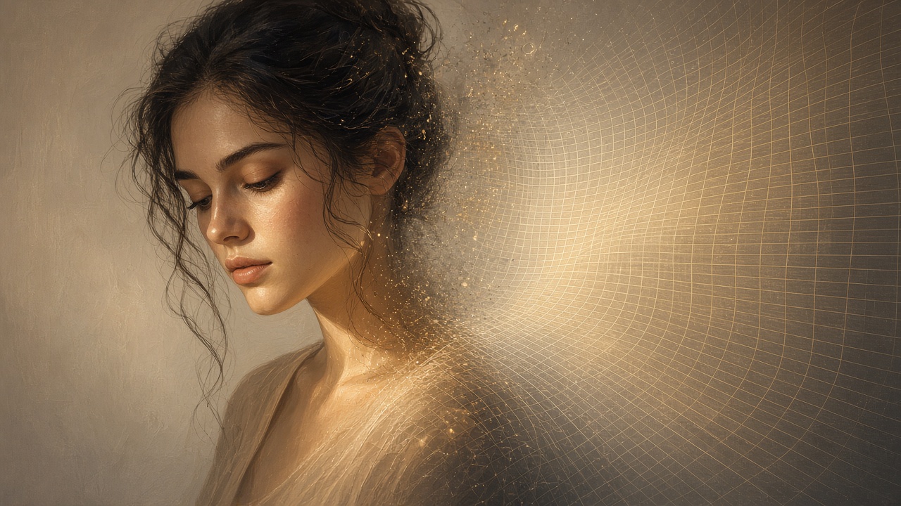 An editorial illustration of a glowing digital canvas mid-render, half photorealistic portrait and half wireframe grid, warm studio light, no text, no logos, no real faces