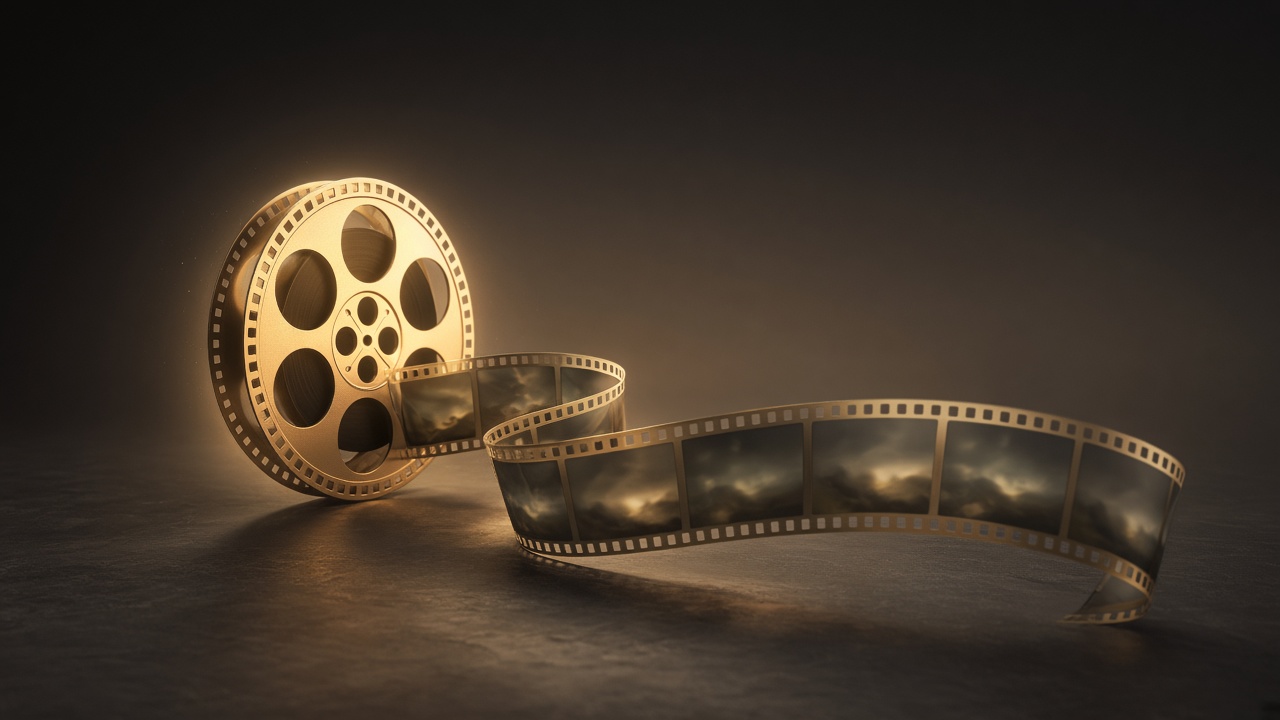 An editorial illustration of a glowing film reel unspooling into a long ribbon of connected video frames over a dark studio floor, warm rim lighting, no text, no logos, no faces