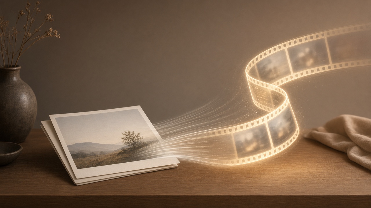 An editorial illustration of a still photograph on a desk with soft motion lines and light trails flowing out of it into a glowing film strip, warm studio lighting, no text, no logos, no visible faces