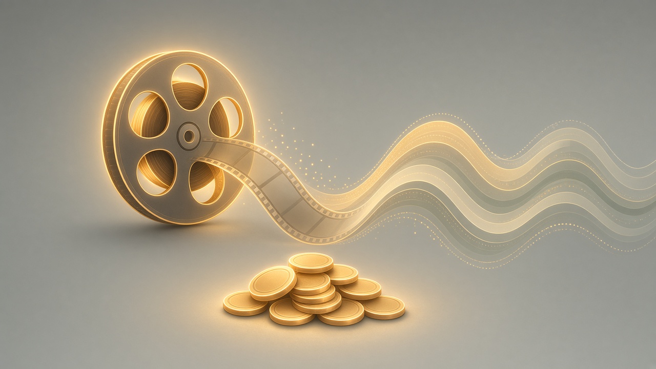 An editorial illustration of a glowing film reel unspooling into sound waves above a small pile of glowing coin-like credit tokens, clean modern flat style, no text, no logos, no human faces.